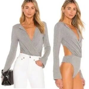 L'Academie Lapel Bodysuit Heather Grey Back Cutout Jersey Knit Small